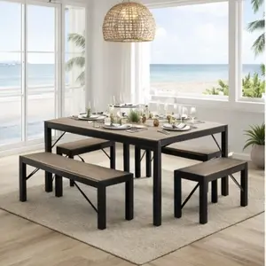 Gizoon Dining Room Table Set for 2/4/6, Kitchen Table with 2/4 Benches and 2/4 Stools, Dining Table Set with Metal Frame, Space-Saving Kitchen Table Set for Apartment, Grey