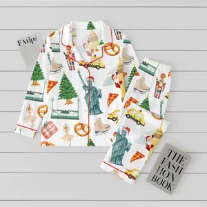 Christmas New York Satin Pajama Set For Women Breathable Lightweight Sleepwear