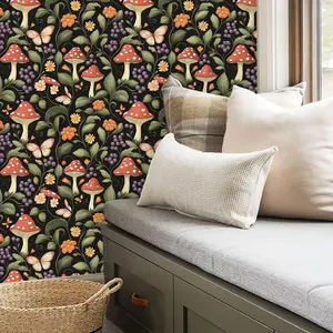 Waterproof Removable Wallpaper Roll 44.5x100cm, Butterfly Mushroom Pattern, Self-Adhesive PVC Wall Decor for Bedroom Living Room Kitchen