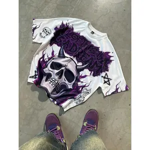 ( Five-star review)Manfinity Streetrush Men's Summer Fashionable Skull & Letter Print T-Shirt Purple Graphic Tee Purple Streetwear Skull Graphic Tee Devil Skull Shirt