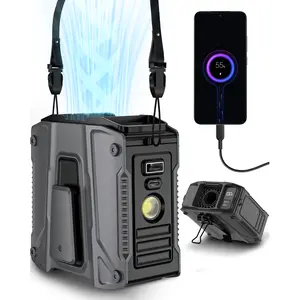 【14500mAh Upgrade】 FrSara Waist Fan built-in Power Bank, Portable Fan, with Metal Clip, High Speed ​​Fan, Cooling Fan that Blows w/ Lanyard, 5-Speed, Light, LED Display, 5 in 1 Outdoor Fan, Desktop Fan, Outdoor Work, Outdoor Sports, Gift for Man