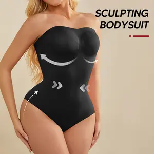 Suprenx Women's Seamless Strapless Knit Compression Shapewear Bodysuit - Silicone, Minimalist Thong Panty, Plus Size, Tummy Control, Butt Lift, Gathered Support, Slimming, Soft Inclusive Basic Casual Wear