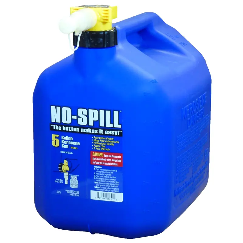 No-Spill  5 gal Plastic Kerosene Can, Precise Pour, Spill-Proof, 5-Gallon Size