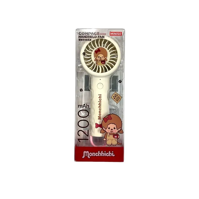 MINISO Monchhichi Coffee Farm Series Portable Handheld Fan, Cute Cartoon Design, 1200mAh Rechargeable Battery, Summer Cooling Household Portable Fan