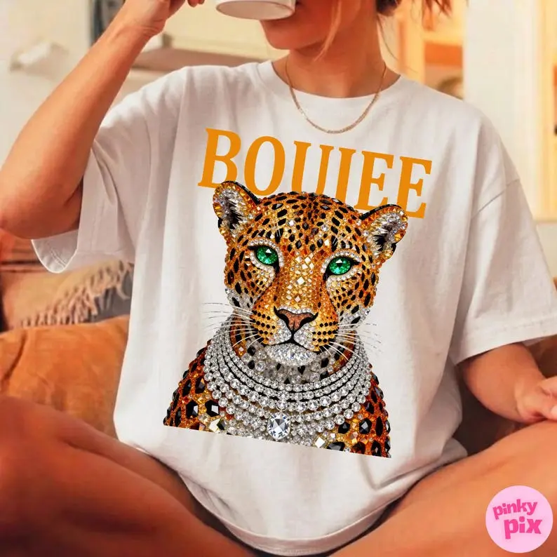 Comfort Colors® Boujee Leopard Cheetah Tshirt Rhinestone Diamond Necklace Luxury Wild Cat Glam