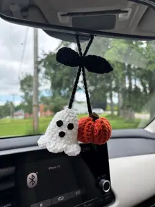 Handmade Crochet Ghost and pumpkin Car charm, spooky rear view mirror decor, Halloween car accessory, hanging ghost ornament, goth aesthetic