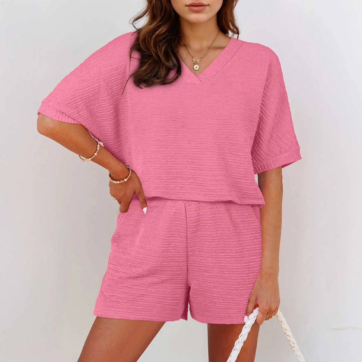 “Totally Textured” Tee & Shorts-Two Piece Set Graceful Casual Outfit