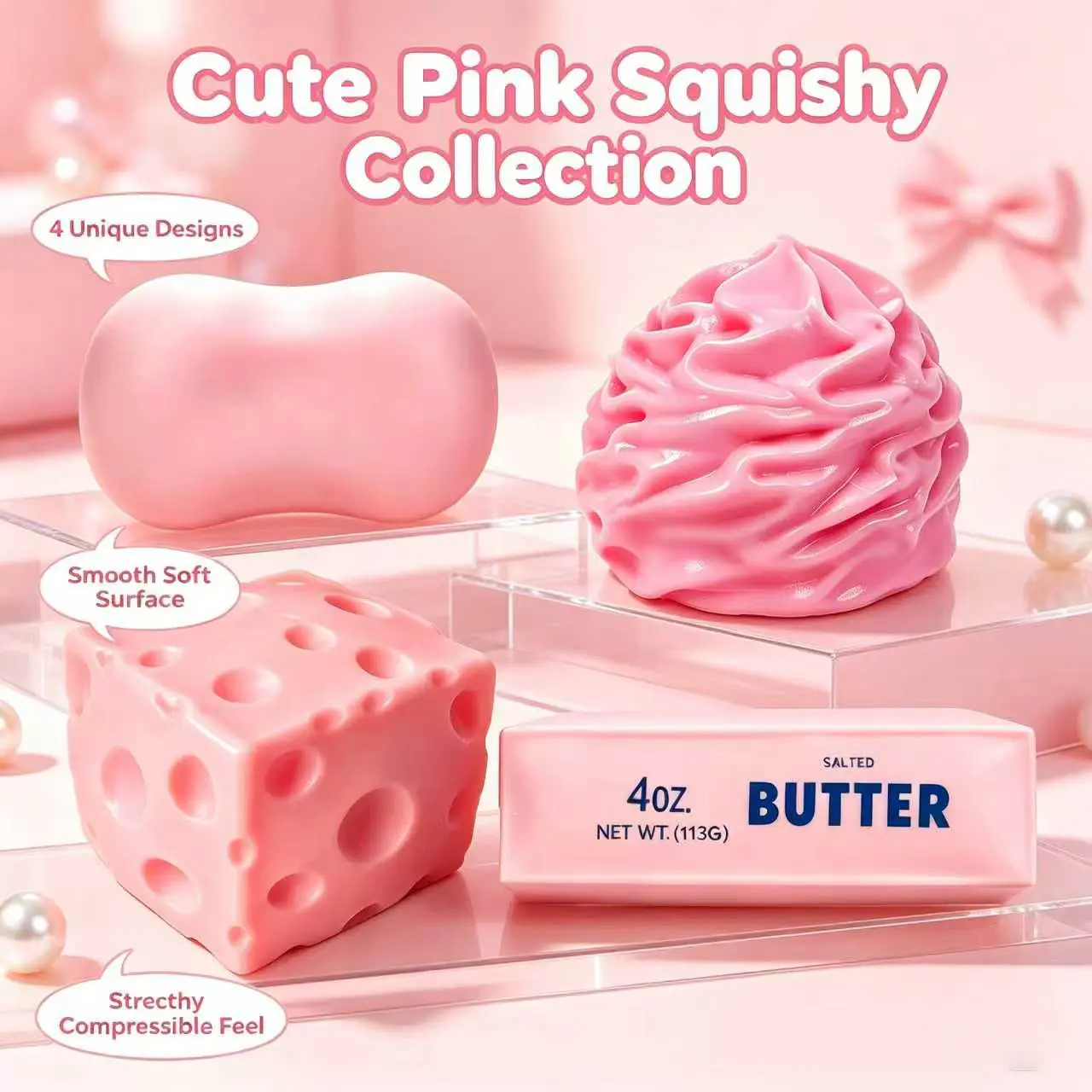 Unisex 4-Piece Filled Blocks Squishies Pack, ASMR Stress Relief Squeeze Fidget Toy, Soft Stretchy Blush Pink Cheese Squishy Novelty Sensory Desktop Toy