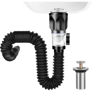 No Need Tools Easy Install Bathroom Sink Drain Kit, 3 in 1 Plumbing, Fits for 1-1/4'' & 1-1/2'' Drain Hole, RV Bathroom Sink Drain Strainer Cover Stopper p  Flex-drain Drainage Pipe Drain Pipe