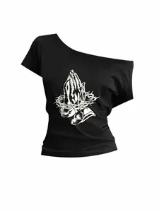 Women's Casual Loose off-the-shoulder T-Shirt, Gesture Print, Breathable Soft Fabric, Fashionable Summer Top for Beach Vacation