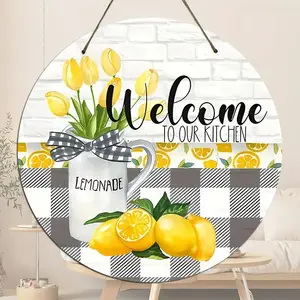 Rustic Vintage Wooden Welcome Sign, Round Lemon & Tulip Design Wall Hanging Decor, Home Entrance Holiday Kitchen Door Plaque