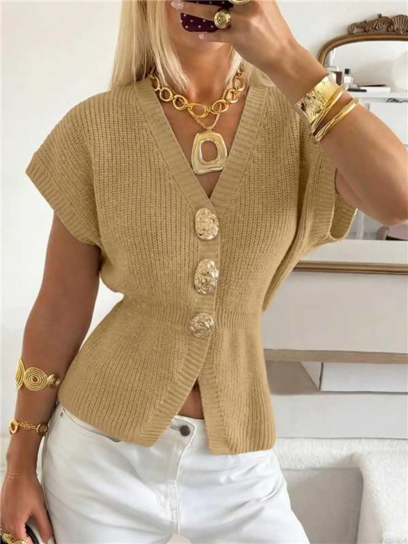 Women's Solid Color V-Neck Waist-Cropped Knit Tank Top, Luxury Noble Style Casual Chic Metal Button Sleeveless Vest, Slim Fit Fall Outerwear