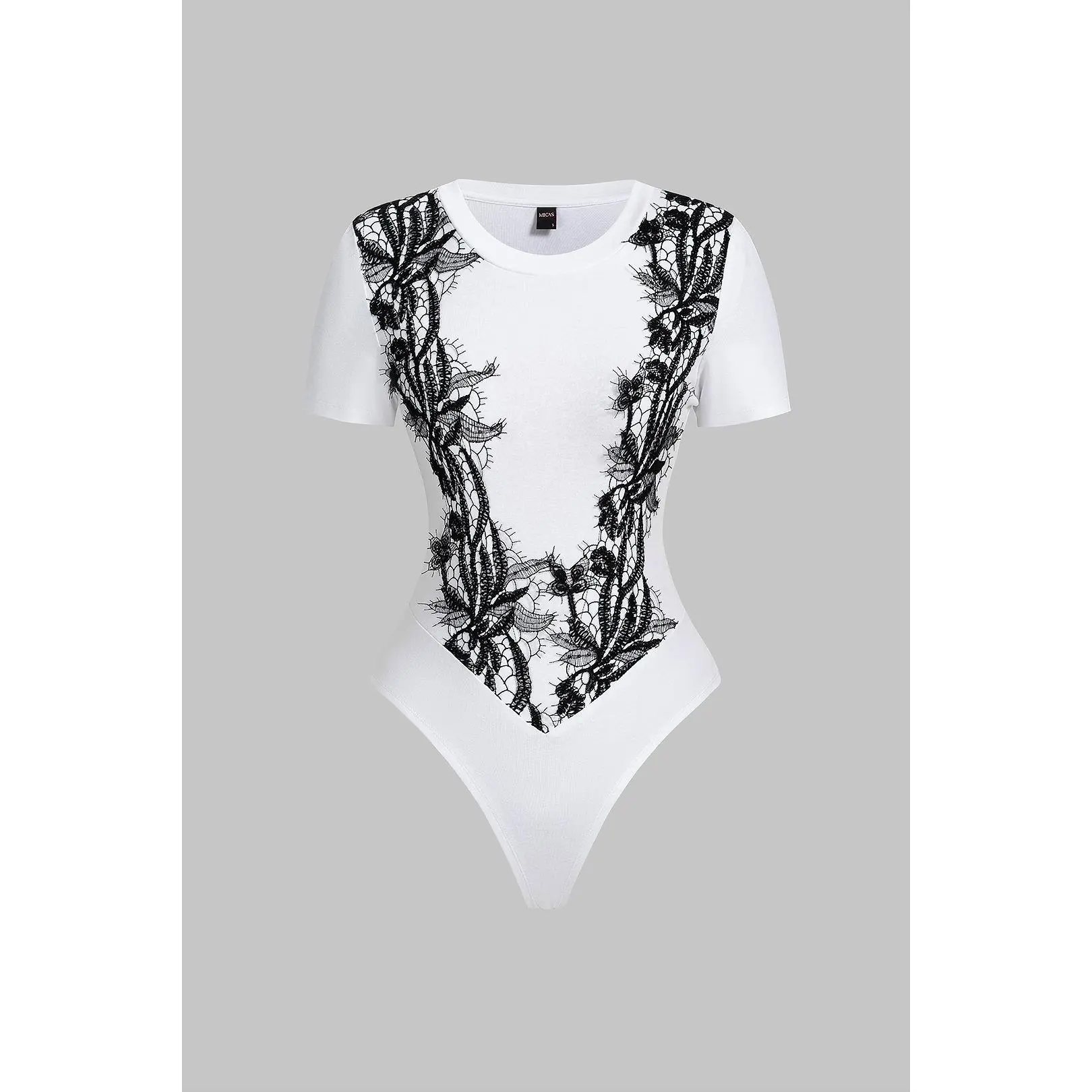Patchwork Lace Trim Round Neck Short Sleeve Bodysuit