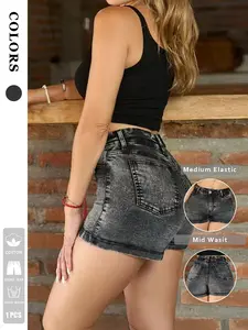 1 pair women's black and gray distressed high waisted denim shorts with grinding and washing process, heavyweight denim fabric shaping and slimming, Fitted, retro American street trendy style, daily out/everyday street trend activities, Vintage