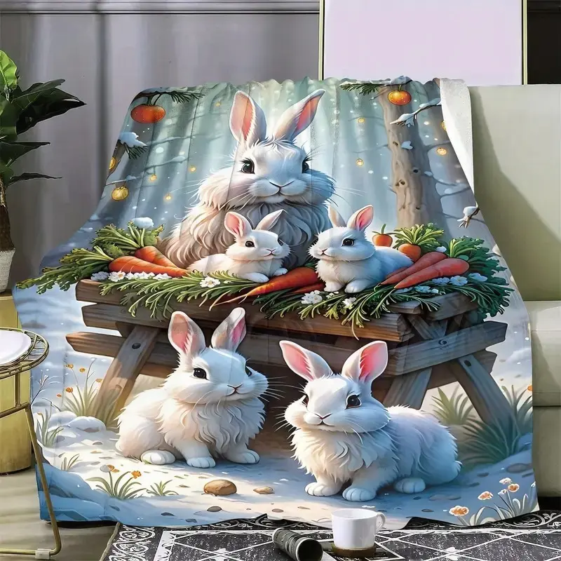 Ultra-Soft Micro Fleece Blanket with Cute Rabbit Print - Cozy and Warm for All Seasons Perfect for Sofa Bed Office Naps | 100% Polyester