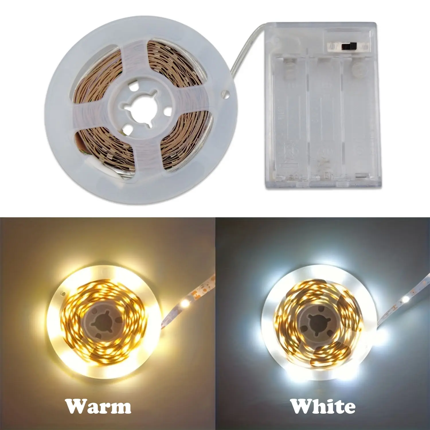 Battery-Powered LED Light Strip with Portable Battery Box, Warm/White LED Strip Lights, Interior LED Lighting, Ambient LED Lighting, Led Illuminated for Bedroom, Kitchen, Hallway, Christmas, Party(AA batteries not included)