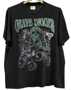 Vintage Grave Digger Racing T-Shirt, Monster Jam, Monster Truck, Skull Graphic Tee, Retro Gift For Unisex, Short Sleeve, Crew Neck, Cotton, Comfort 	