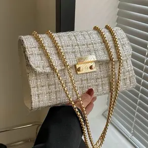 Women’s Solid Color Tweed Shoulder Bag, Casual Versatile Crossbody Bag with Chain Strap, Trendy All-match Bag for Daily Use