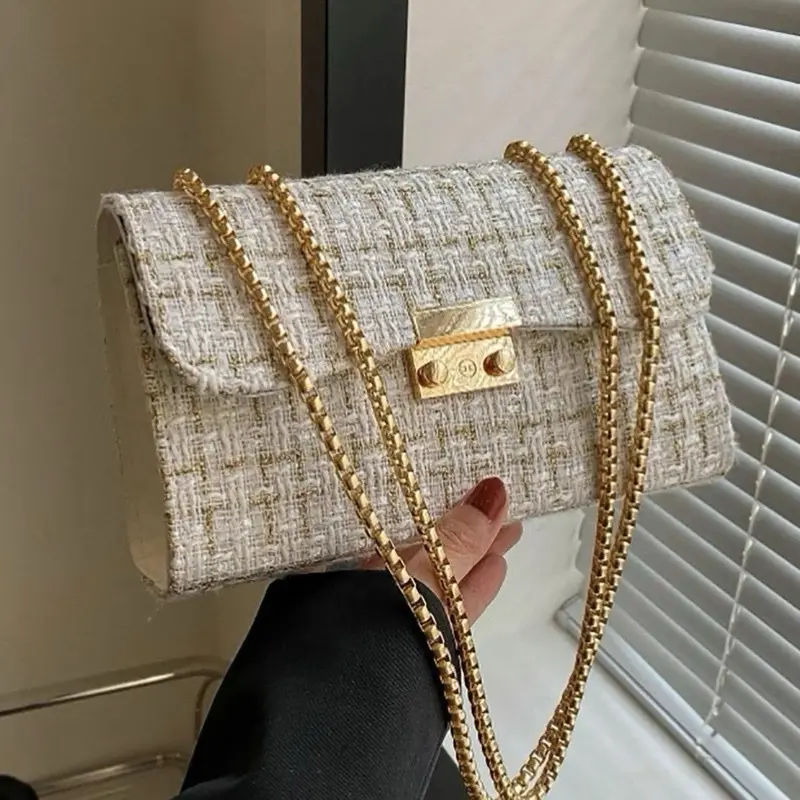 Women’s Solid Color Tweed Shoulder Bag, Casual Versatile Crossbody Bag with Chain Strap, Trendy All-match Bag for Daily Use