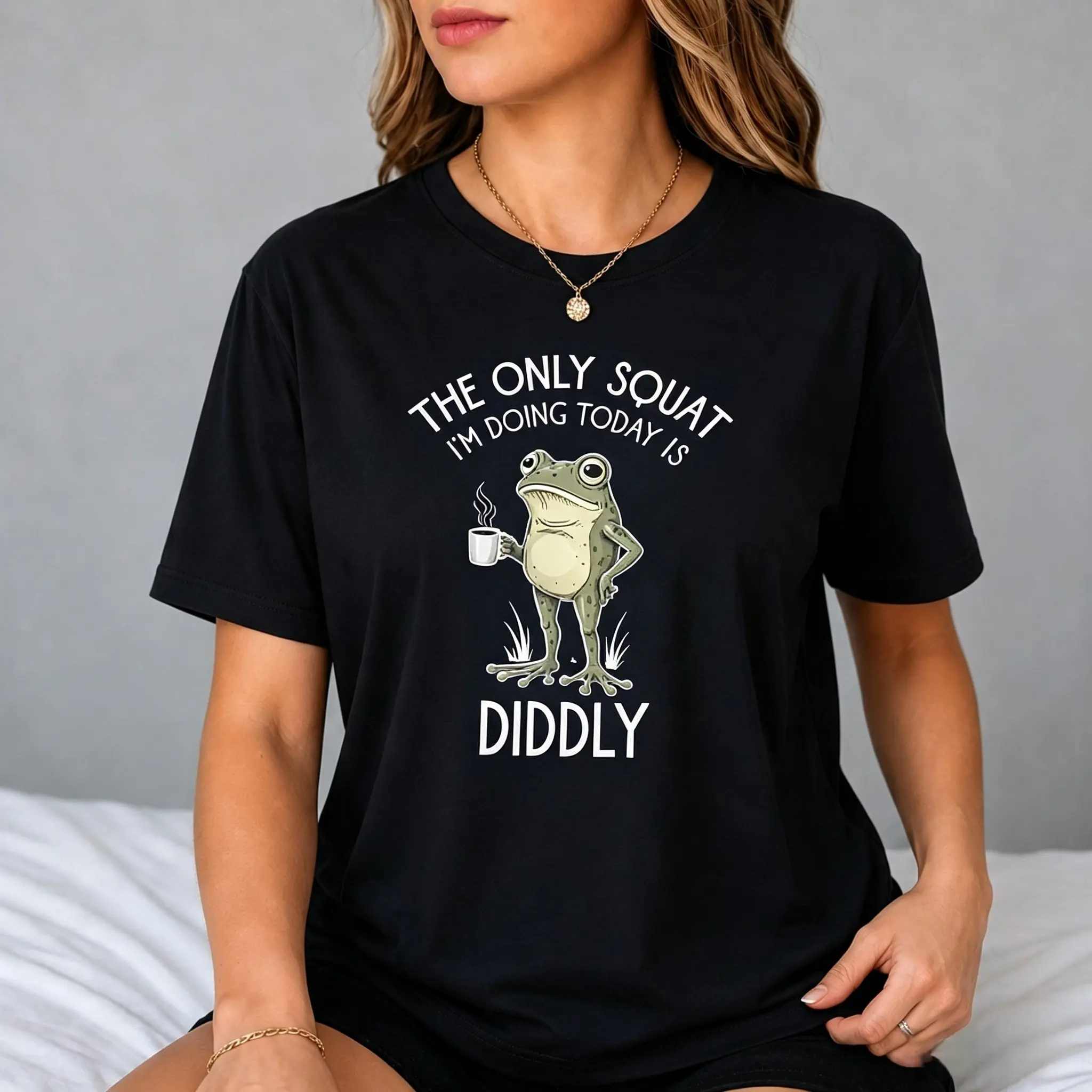 Women's Plus Size Short-Sleeve Comfortable Breathable Garment - Funny Frog Prints Sarcastic Diddly Squat T-Shirt, Shortsleeve, Casual, Cotton