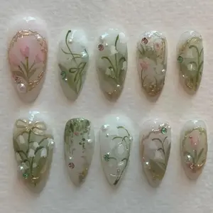 Floral Pattern Fake Nails Kit, 10pcs Faux Pearl Design Almond False Nails for Women & Girls DIY Nail Art, Effortless Handmade Press on Nails Set