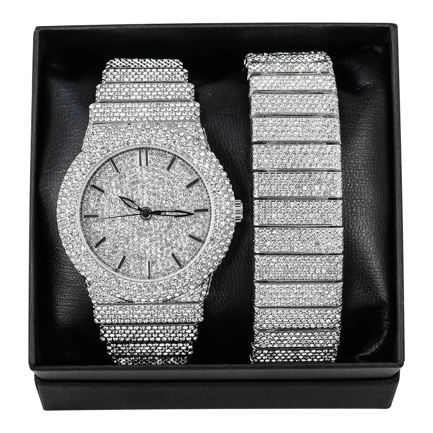 MaxBling81 Men's Silver Luxury Chic Quartz Wristwatch Gift Set - Business Fashion Watch with Iced Stones, Hip Hop Analog Casual Round Dial, Laboratory Diamonds Chandelier Bracelet, Fashion Accessory, Business Fashion Watches