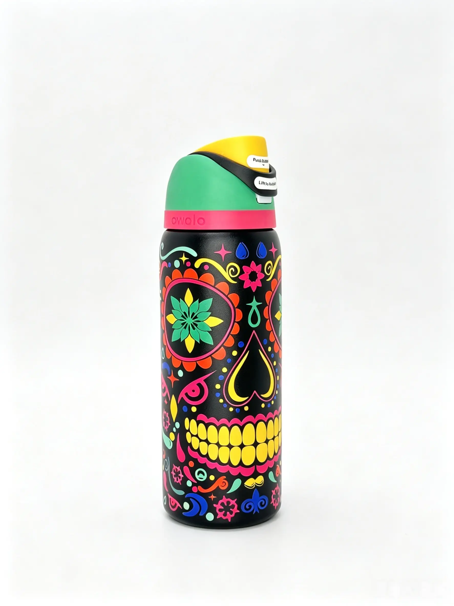 Owala 32oz Vibrant Sugar Skull Insulated Stainless Steel Water Tumbler Bottle, Leak-Proof Travel Flask with Flip Straw Lid, 24H Cold Retention, Portable Stylish Kitchenware Drinkware, Pasta Straw Day Gift, Bottle Vacuum Flasks, Cold Water Vacuum Flasks