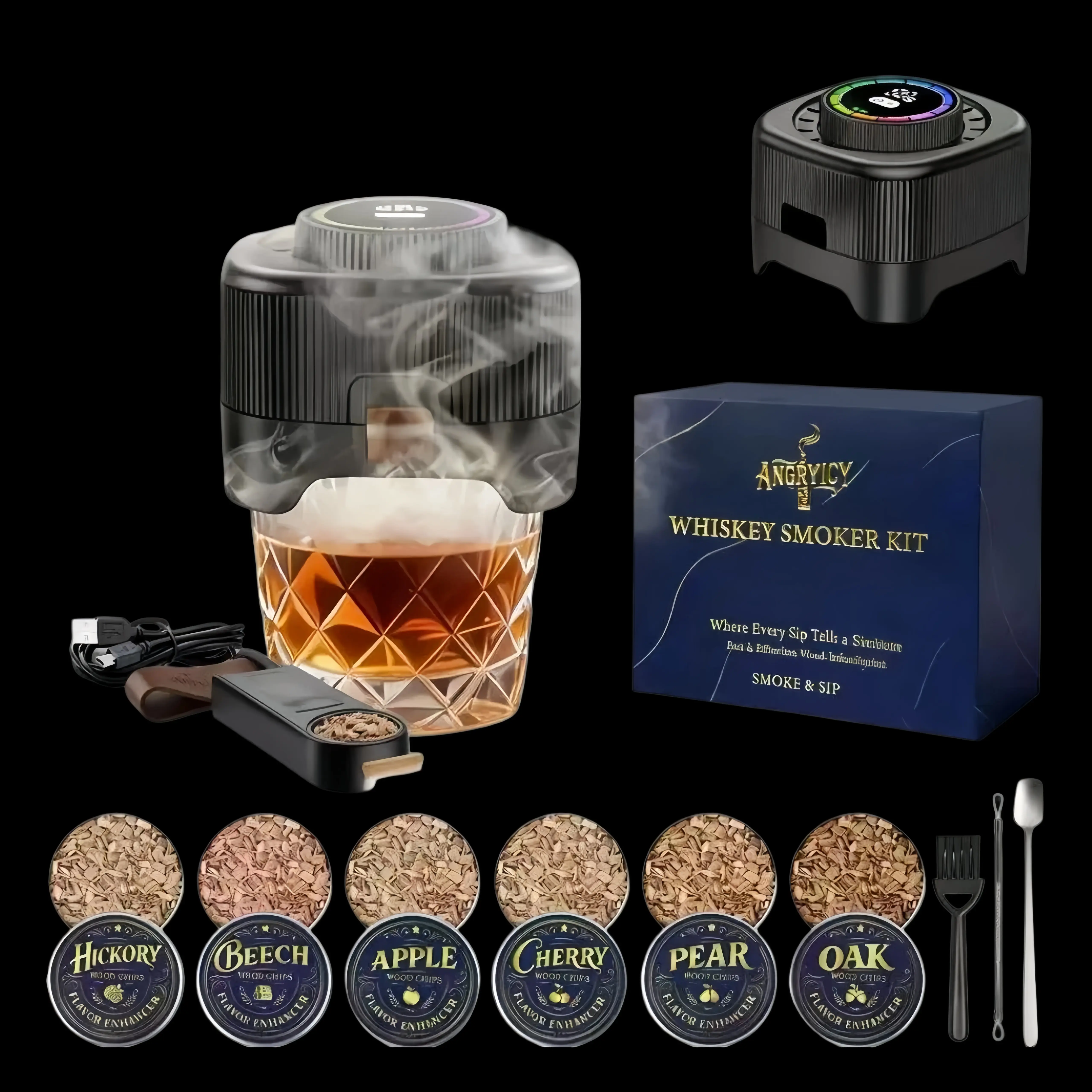 Trendy Electric Drink Smoker for Whiskey Lovers – No Butane Needed, USB-Rechargeable Bar Tool & Premium Bourbon Gift for Dad, Husband, Valentine’s Day