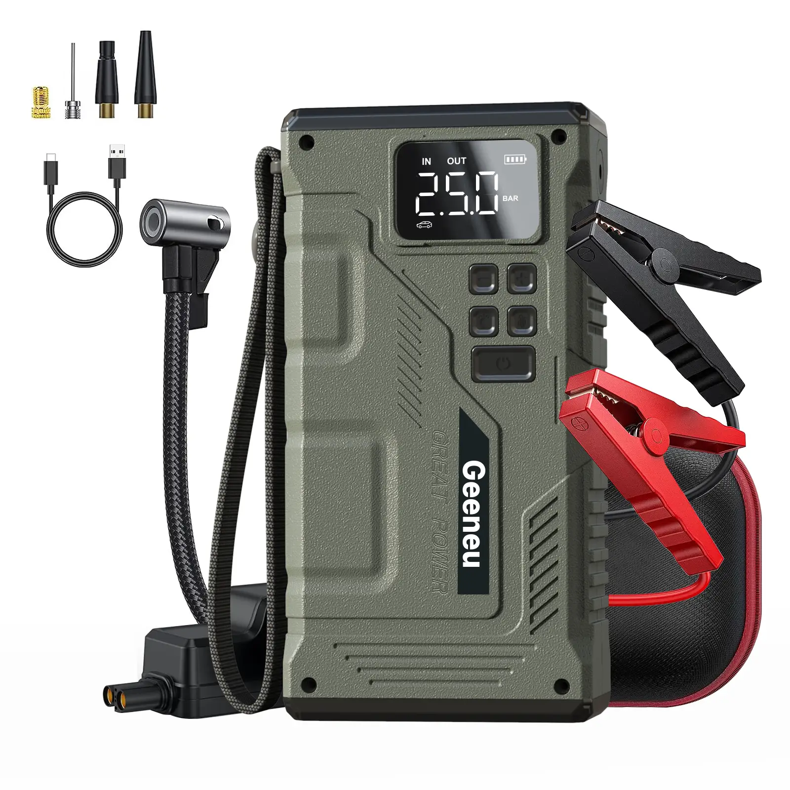 Geeneu Jump Starter with Air Compressor, 5000A Portable Car Jumper, 150PSI Digital Tire Inflator, Type-C Quick Charge Charger Box, 12V Lithium Battery
