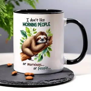 1pc Funny Sloth Coffee Mug - "I Don't Like Morning People" 11oz Ceramic Cup, Cute Lazy Sloth Design with Green Leaves & Wood Branches, Dishwasher Safe, Perfect for Home Decor, Office, or Party Use, Party Mug |   Fun Morning Mug |   Recyclable Mug, Coffee