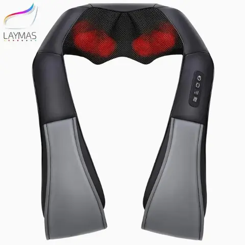 LAYMAS Faux Leather Shiatsu Massage Pillow - Lightweight Black Muscle Pain Reliever - For Back, Shoulders, Feet, Legs - Neck Shoulder Relaxer - Ideal Gift