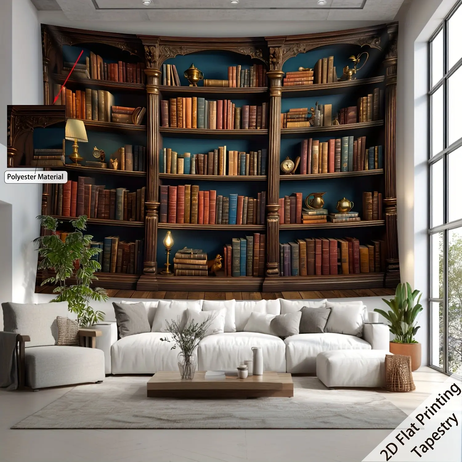 Vintage Floral Full Wall Bookshelf Tapestry, European Luxury Background Cloth for Bohemian Bedroom & Living Room Decor, Aesthetic Meditation Space Decoration