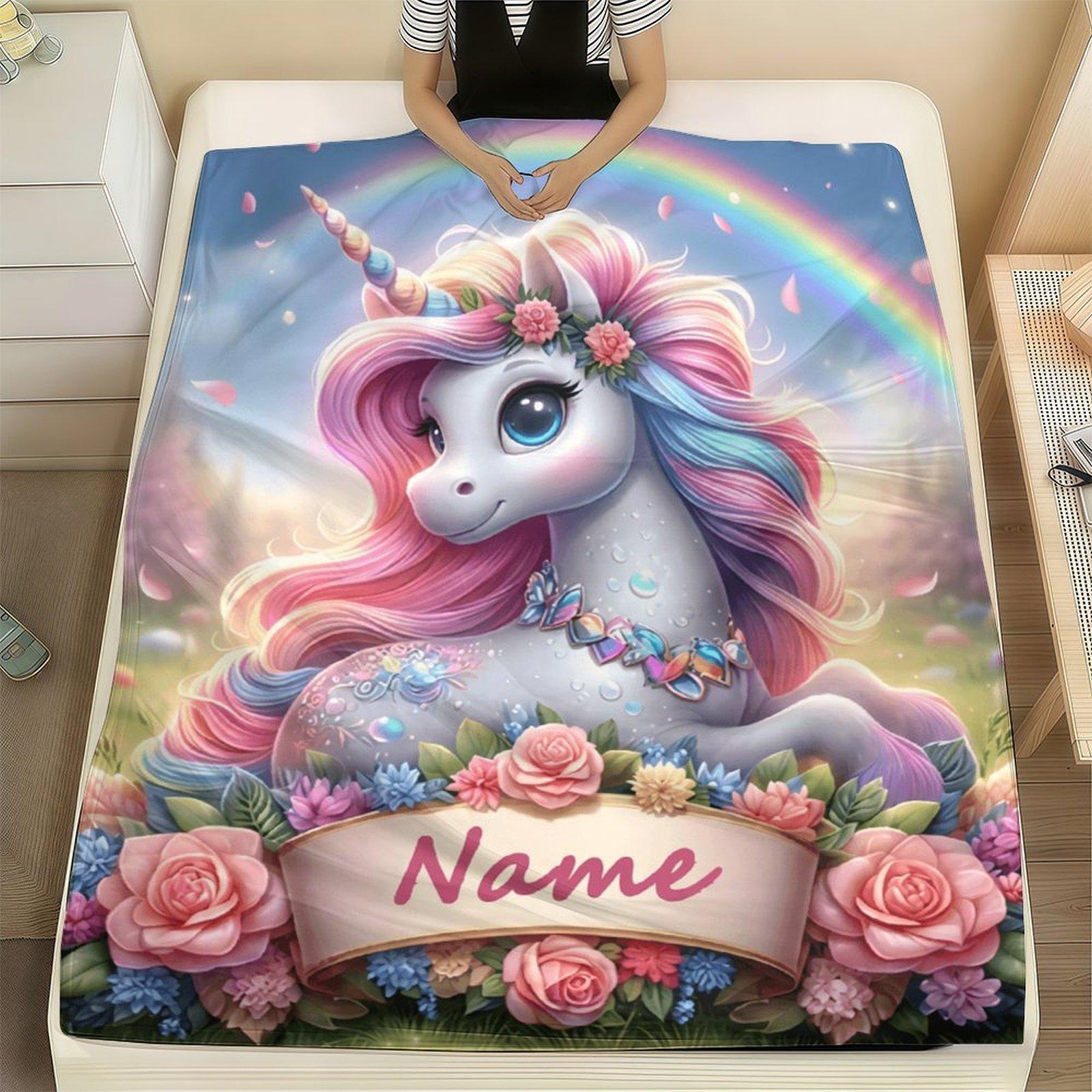 Custom Name  Cute Unicorn Blanket ,Personalized Name Gift ,Suit for The Sofa, Bed, Travel, Camping, Living Room, Office, Chair，Gifts for Family or Child  ,Friend , Send your custom text via shop chat to personalize