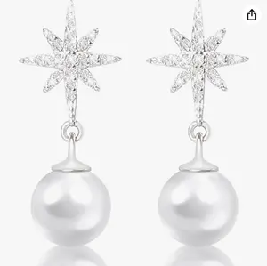 Statement Pearl Sparkling Earrings for Women, 925 Sterling Silver Dangle Star Earrings, Trendy Cubic Zirconia Drop Earrings for Wedding Jewelry Christmas Valentine's Day Mother's Day