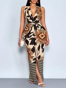 New Elegant Style Casual Boho Chic Women's Dress, Digital Printing, Floral, Plus Size, Deep V Neck, Bodycon, Split Design, Long Sleeveless, Spring Summer