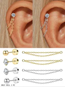 18k Plated Hypoallergenic Pierced Earring Chain, Flat Back, 4-Prong Inlaid Zircon Design, Ideal for Daily Wear & Special Occasions, Elegant Earrings