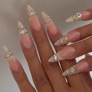 Gold Chrome 3D Bangle Press On Nails | Nude Stiletto Press On Nails | Minimalist French Tip Nails