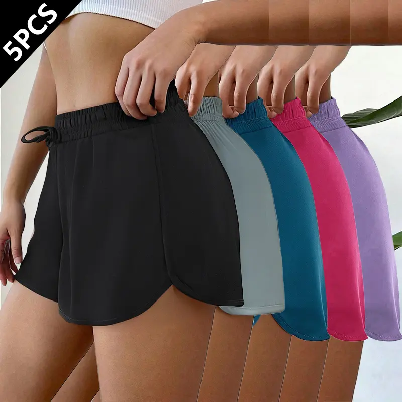 Women’s summer sports shorts, 5-pack — solid basic styles that pair well, available in five colors; soft sleepwear fabric; drawstring waist; suitable for running and yoga.Summervibes
