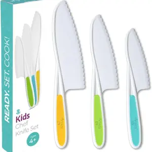Knives for Kids 3-Piece Nylon Kitchen Knife Set: Children's Cooking Knives in 3 Sizes & Colors/ Firm Grip, Serrated Edges, BPA-Free Kids' Knives (multi-Green)