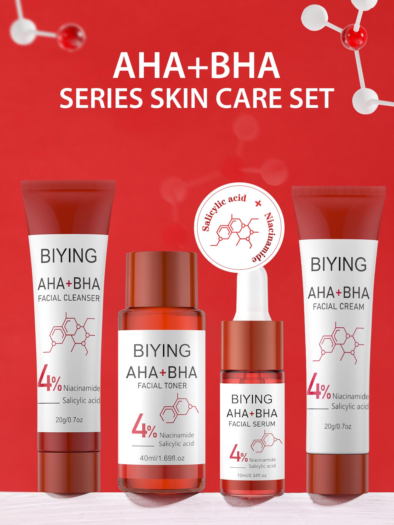 4-Piece AHA BHA Travel Skincare Set | Gentle Exfoliating Routine - Cleanser, Toner, Serum & Moisturizer For Women & Teens, Korean Hydrating Daily Facial Care Gift Set Moisturizing