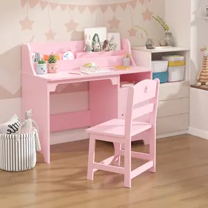 Kids Study Table with Chair and Hutch, Wooden Desk Set with Storage Cabinet, Student Workstation for Bedroom, Study Room, or Homework for Ages 3-12