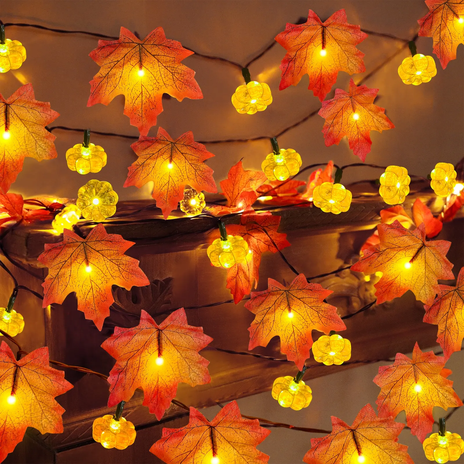 2Pack&Timer-Fall Garland with Pumpkin Lights Fall Decorations for Home Total 60LED 20Ft Enlarged Maples Leaves Fall Lights Battery Operated Halloween Thanksgiving Christmas Decor Wedding Party
