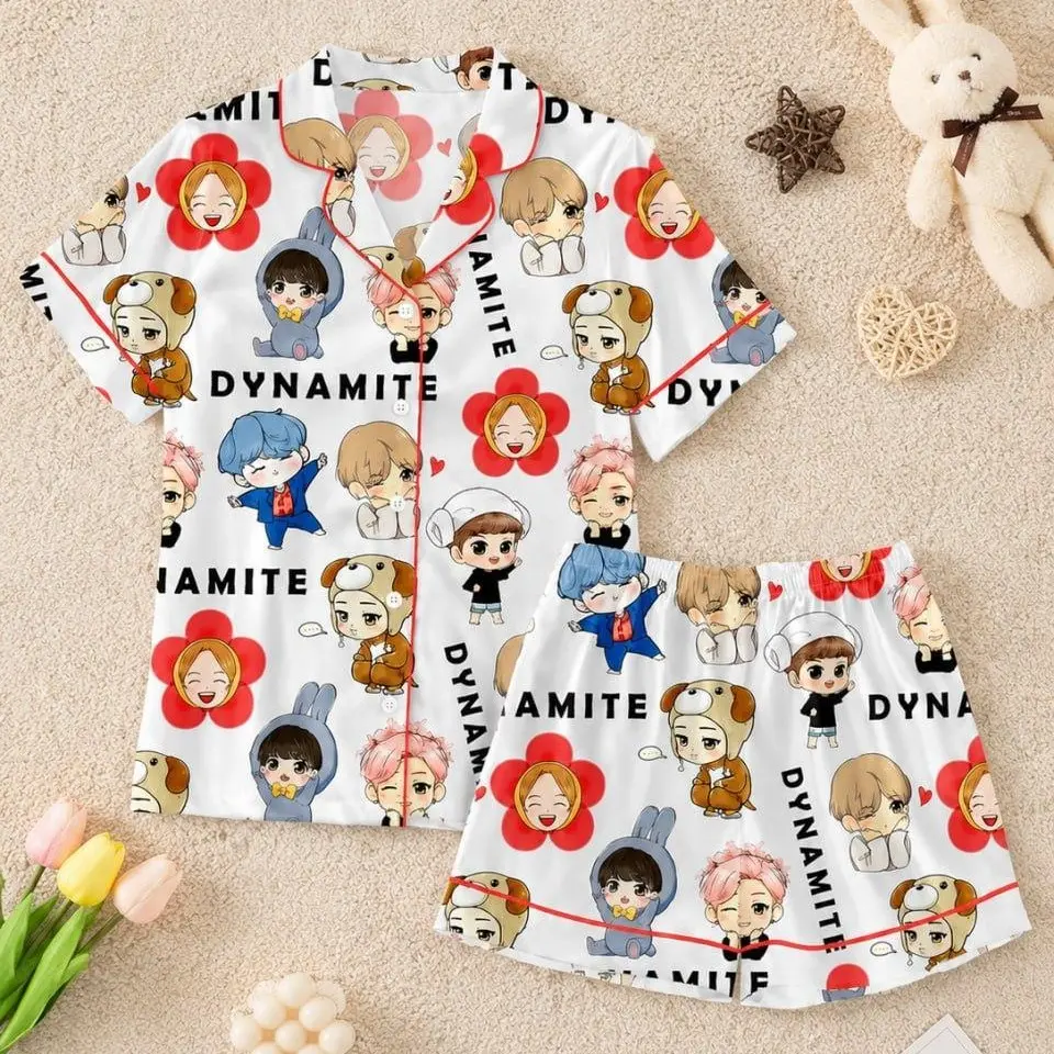 Cartoon Satin Pajama Set – Cute Kpop Sleepwear for Women, Soft Loungewear,Kpop Pajama Set, Gift for Fans