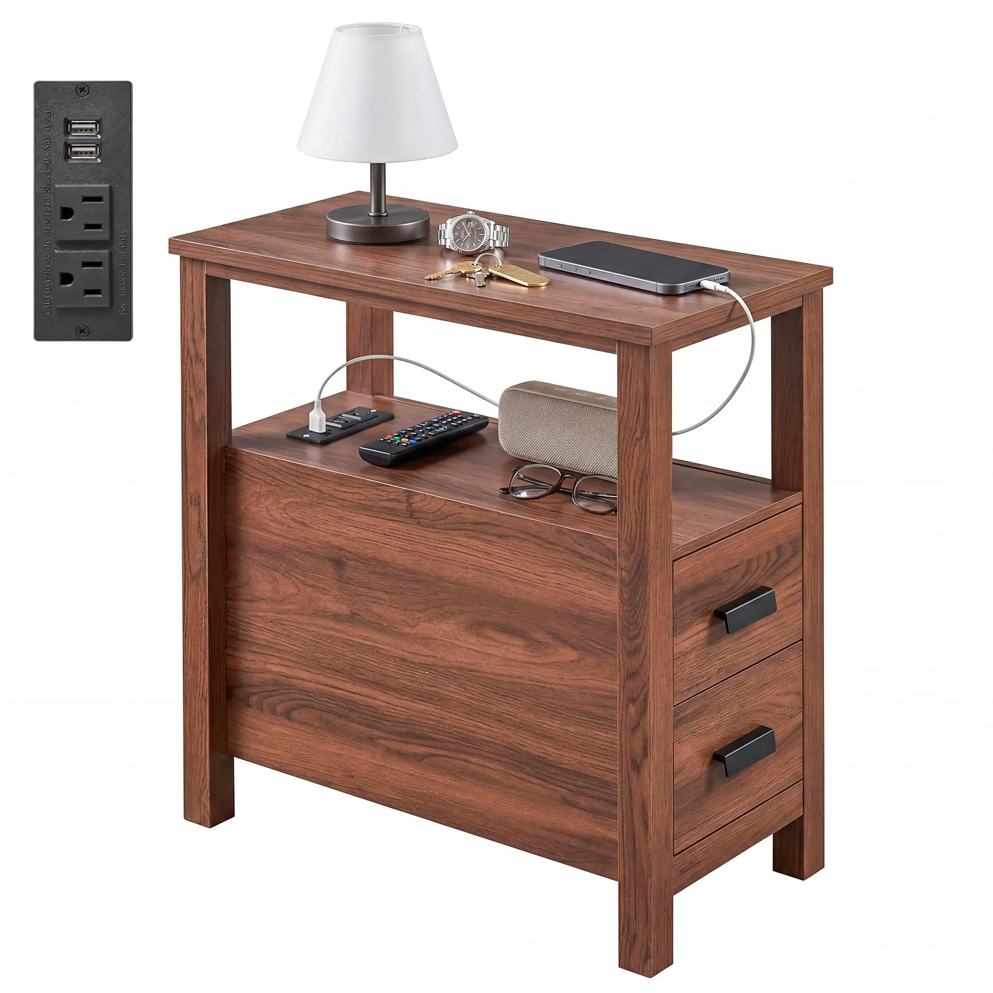 11.81" Slim Nightstand with Charging Station, Narrow Bedside Table with 2 Drawers, USB Ports & Outlets, Modern Nightstand for Small Spaces, Bedroom & Sofa Side Table, Walnut Indoor Side Table Nightstand For Bedroom