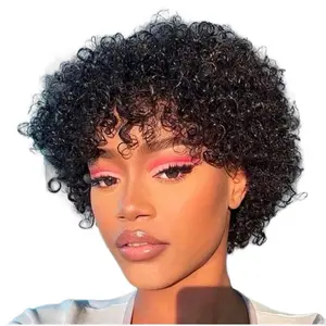 Short Kinky Curly Human Hair Wig - Glueless Bob Style, Medium Size Cap With 3 Combs, Can Be Dyed & Restyled. Perfect for Beginners
