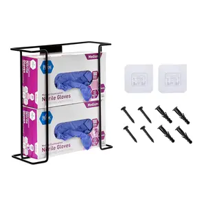 Glove Holder for Wall Mount - Latex Glove Holder Wire Glove Dispenser for Wall Disposable Glove Box & Tissue Box - Fits 2 Boxes (Black) Metal Organiser Installation