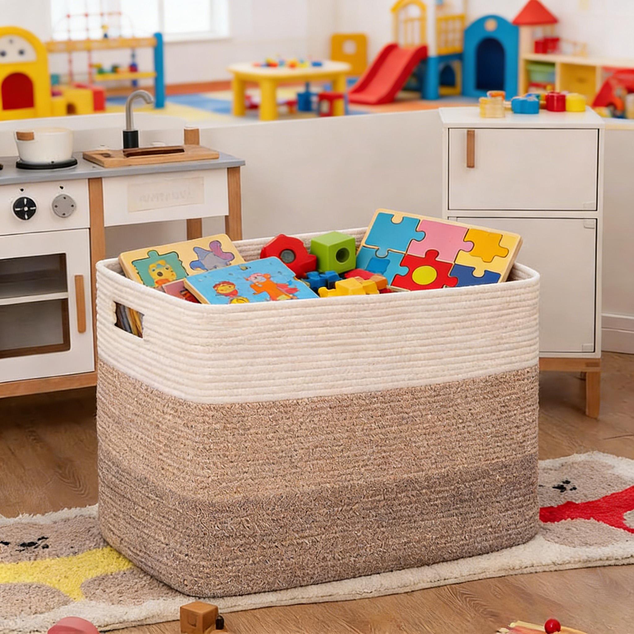 Large Cotton Rope Basket, Rectangular storage basket, suitable for storage, toy storage in children's rooms, and organizing baskets for toys with handles in living rooms