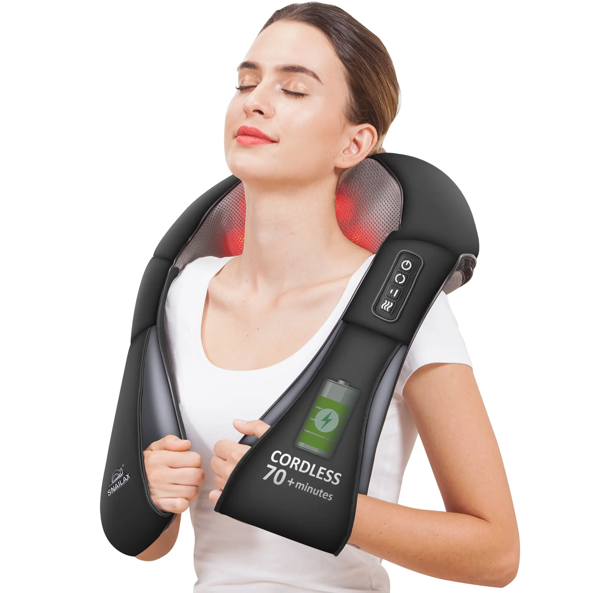 Snailax Shiatsu Neck and Shoulder Massager - Neck Shoulder Relaxer, Deep Tissue Muscle Massager with Heat, Cordless Electric Deep Kneading Multi-Target Massage Device for Body Parts, Black Handle Fascial Ring Gift, Deep Tissue Muscle Massagers
