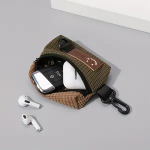 Beige Checkered Keychain Pouch - Zippered Carabiner for Earbuds & Keys, Trendy Corduroy Design, Casual Couples Accessory, Unisex & Stylish