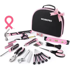 Pink Tool Kit - 236 Pieces Pink Tool Set with Easy Carrying Round Pouch, Household Tool Kit Perfect for DIY, Home Maintenance - Pink Ribbon
